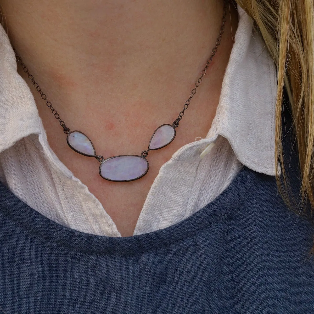 Short Faceted Rainbow Moonstone Stone Drop Necklace