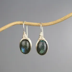 Silver Labradorite Wire Wrapped Earrings