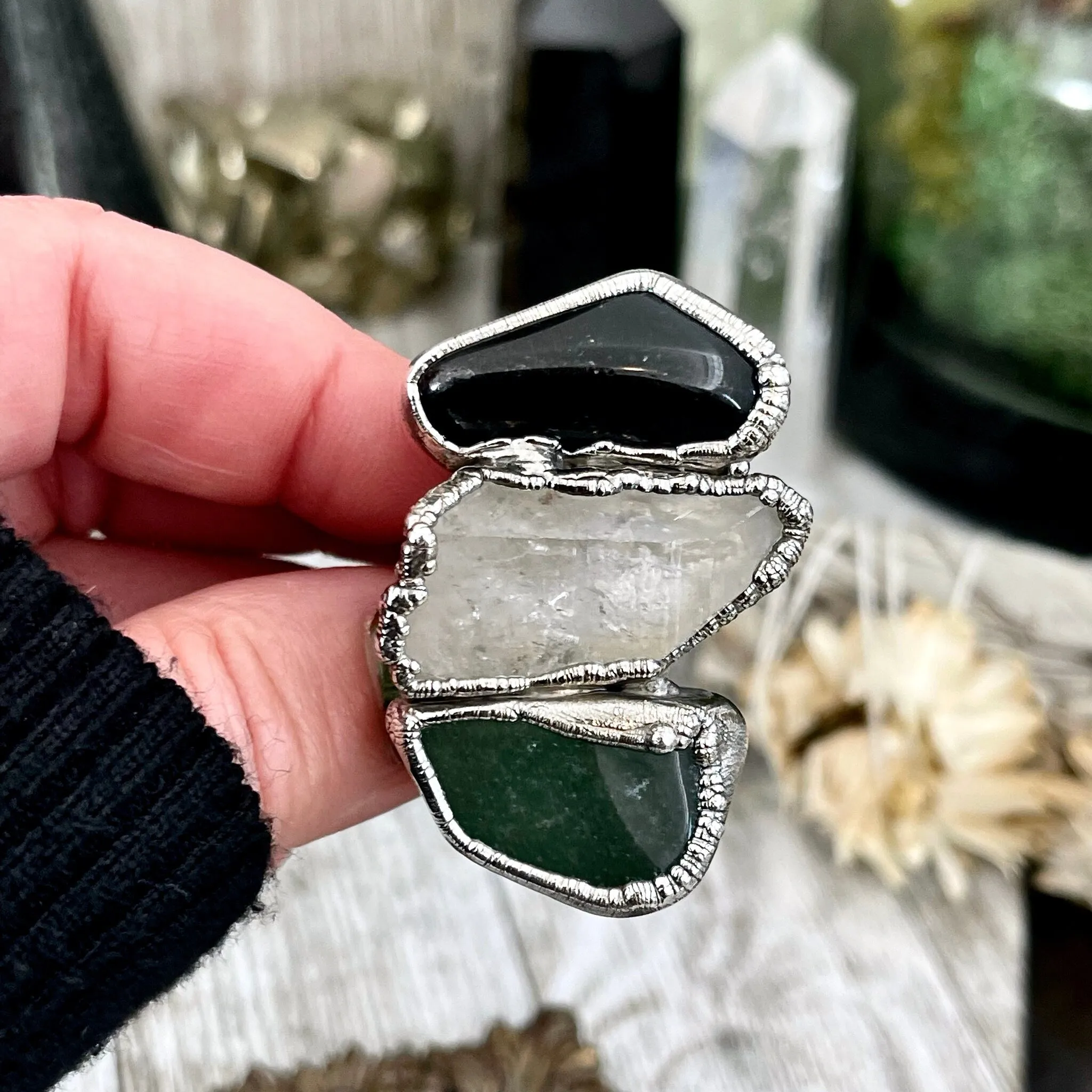 Size 9.5 Crystal Ring - Three Stone Ring Black Onyx Raw Clear Quartz & Aventurine Silver Ring / Foxlark Collection - One of a Kind Jewelry