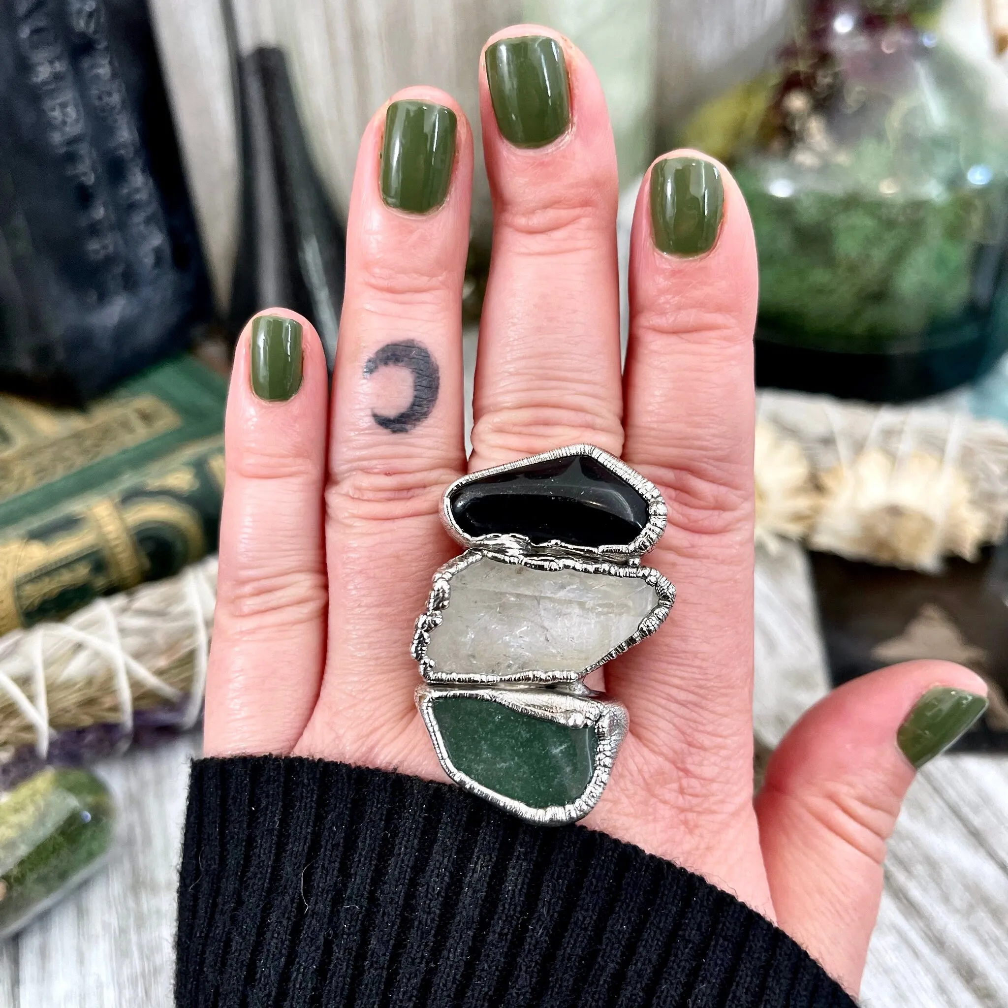 Size 9.5 Crystal Ring - Three Stone Ring Black Onyx Raw Clear Quartz & Aventurine Silver Ring / Foxlark Collection - One of a Kind Jewelry