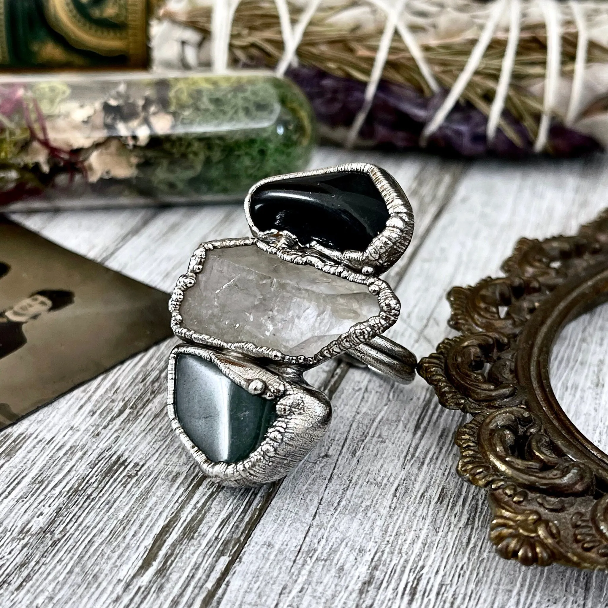 Size 9.5 Crystal Ring - Three Stone Ring Black Onyx Raw Clear Quartz & Aventurine Silver Ring / Foxlark Collection - One of a Kind Jewelry