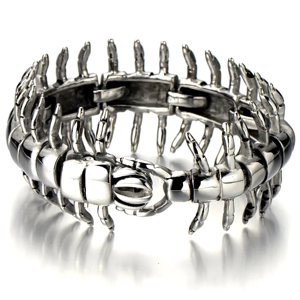 Stainless Steel Large Centipede Bangle Bracelet Silver Color Polished Mens