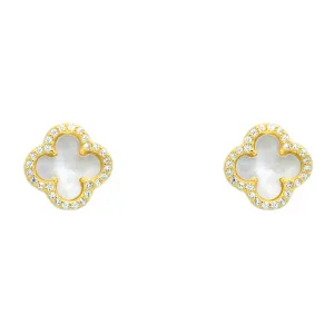 Sterling Silver Gold Plated CZ Clover Studs Earrings