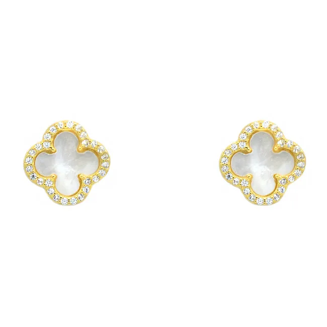 Sterling Silver Gold Plated CZ Clover Studs Earrings