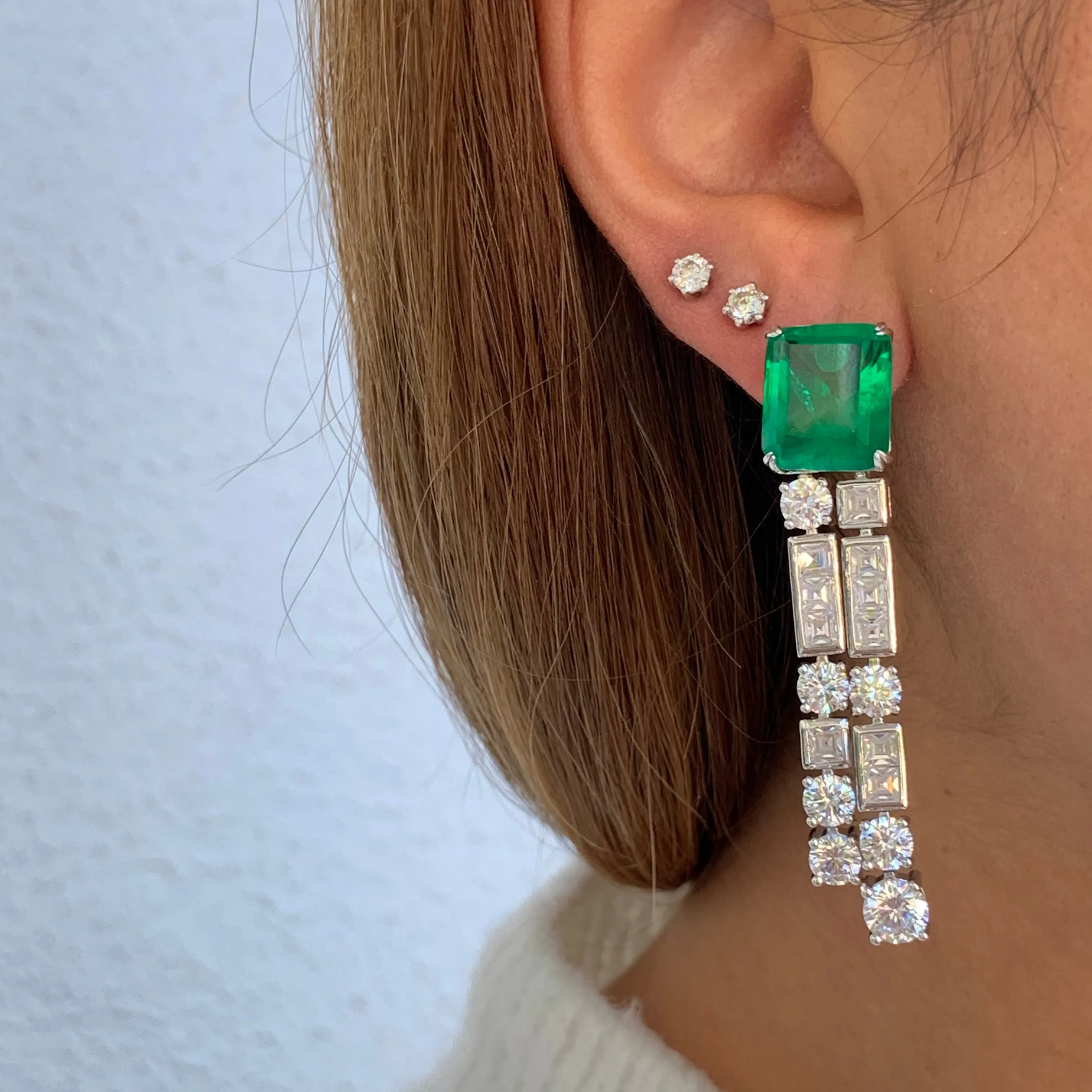 Sterling silver square double drop emerald earrings