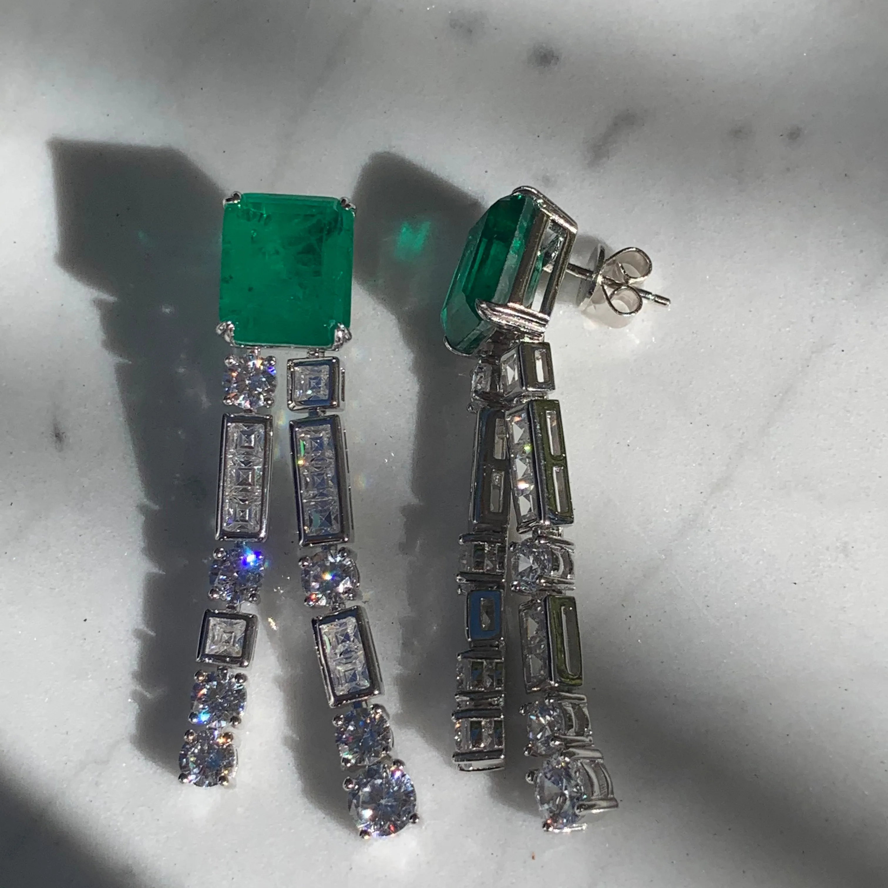 Sterling silver square double drop emerald earrings