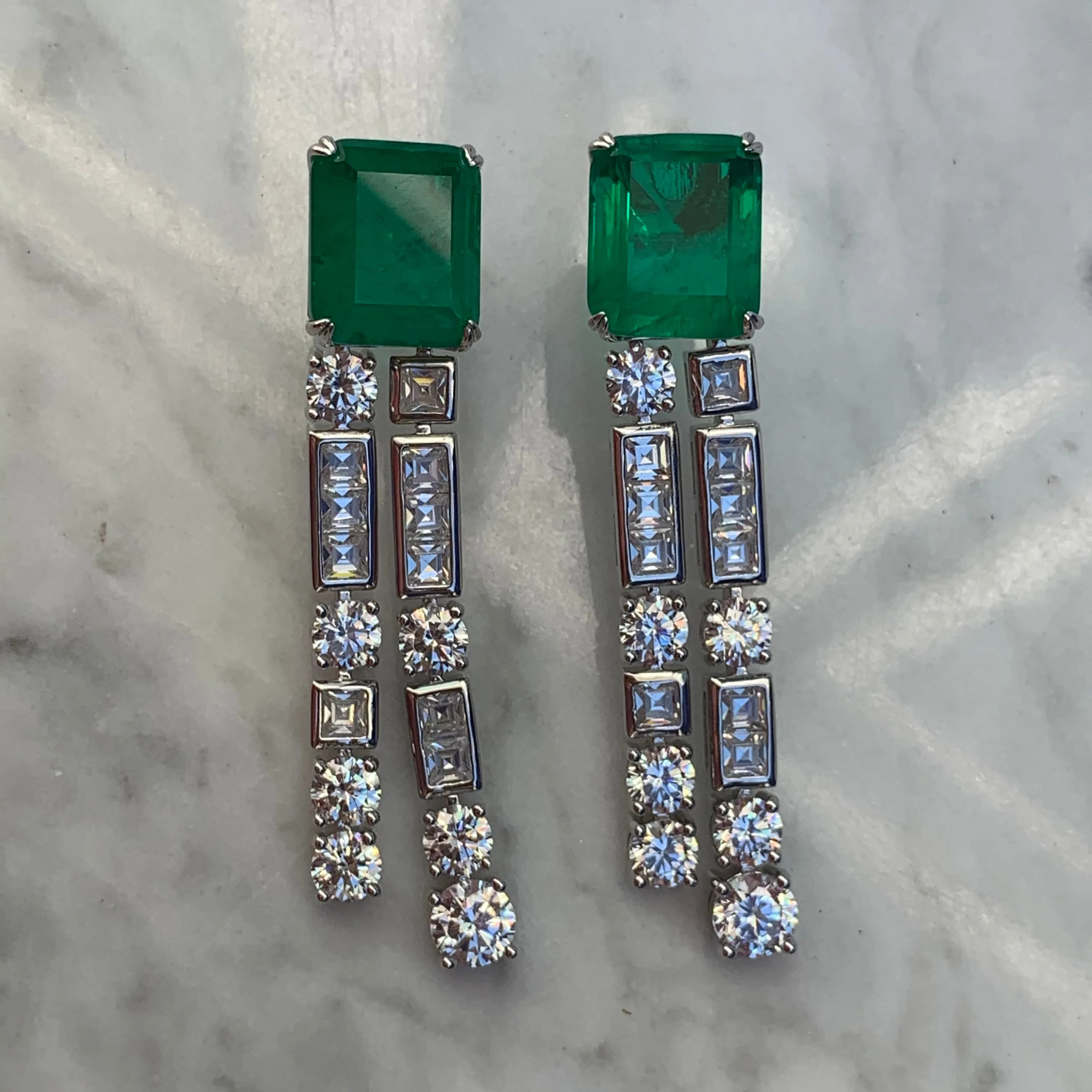 Sterling silver square double drop emerald earrings