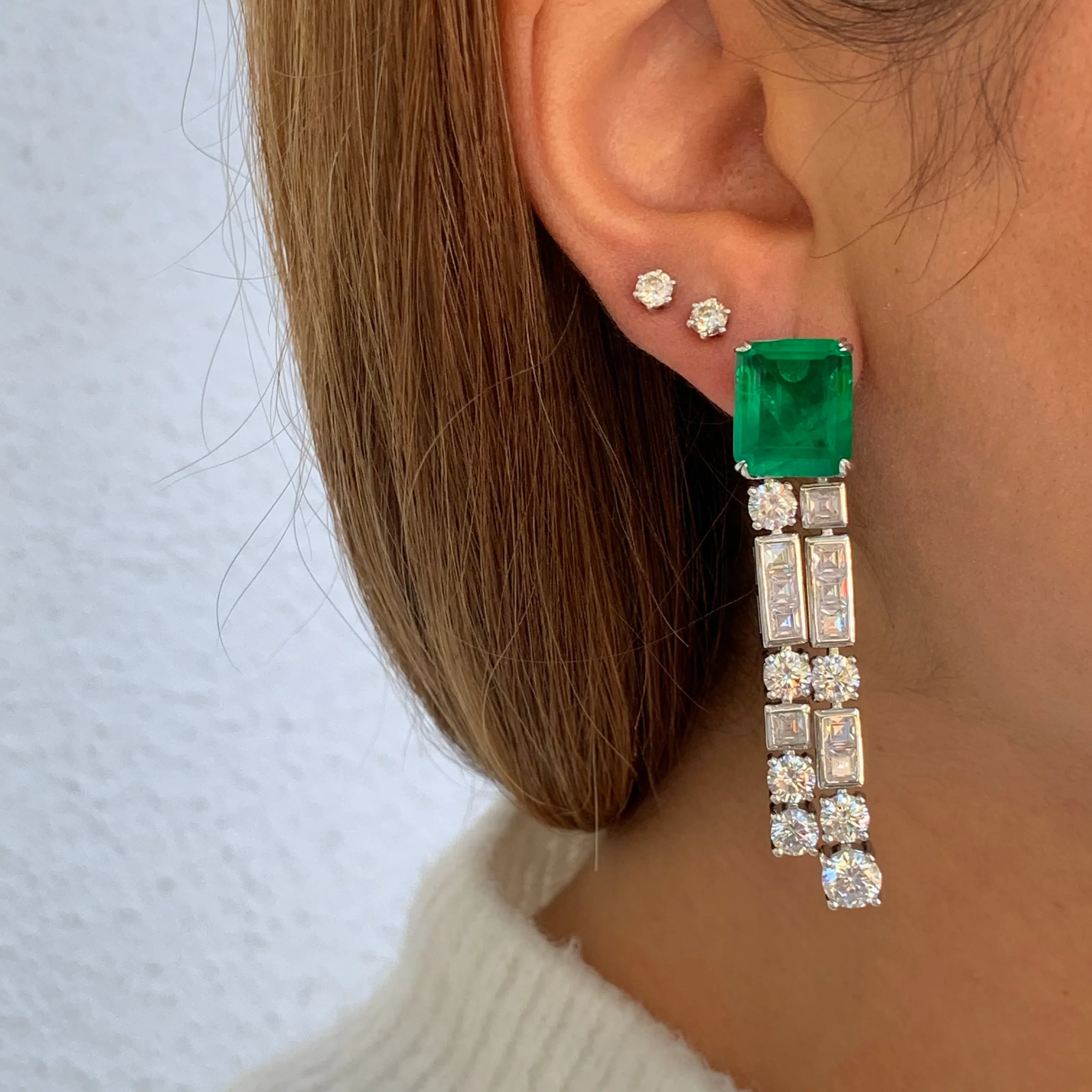 Sterling silver square double drop emerald earrings