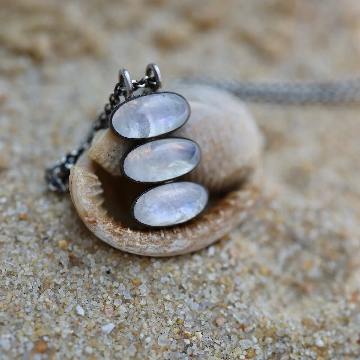 Triple Glowing Rainbow Moonstone Oval Cabochon Pendant Necklace