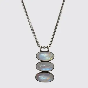 Triple Glowing Rainbow Moonstone Oval Cabochon Pendant Necklace