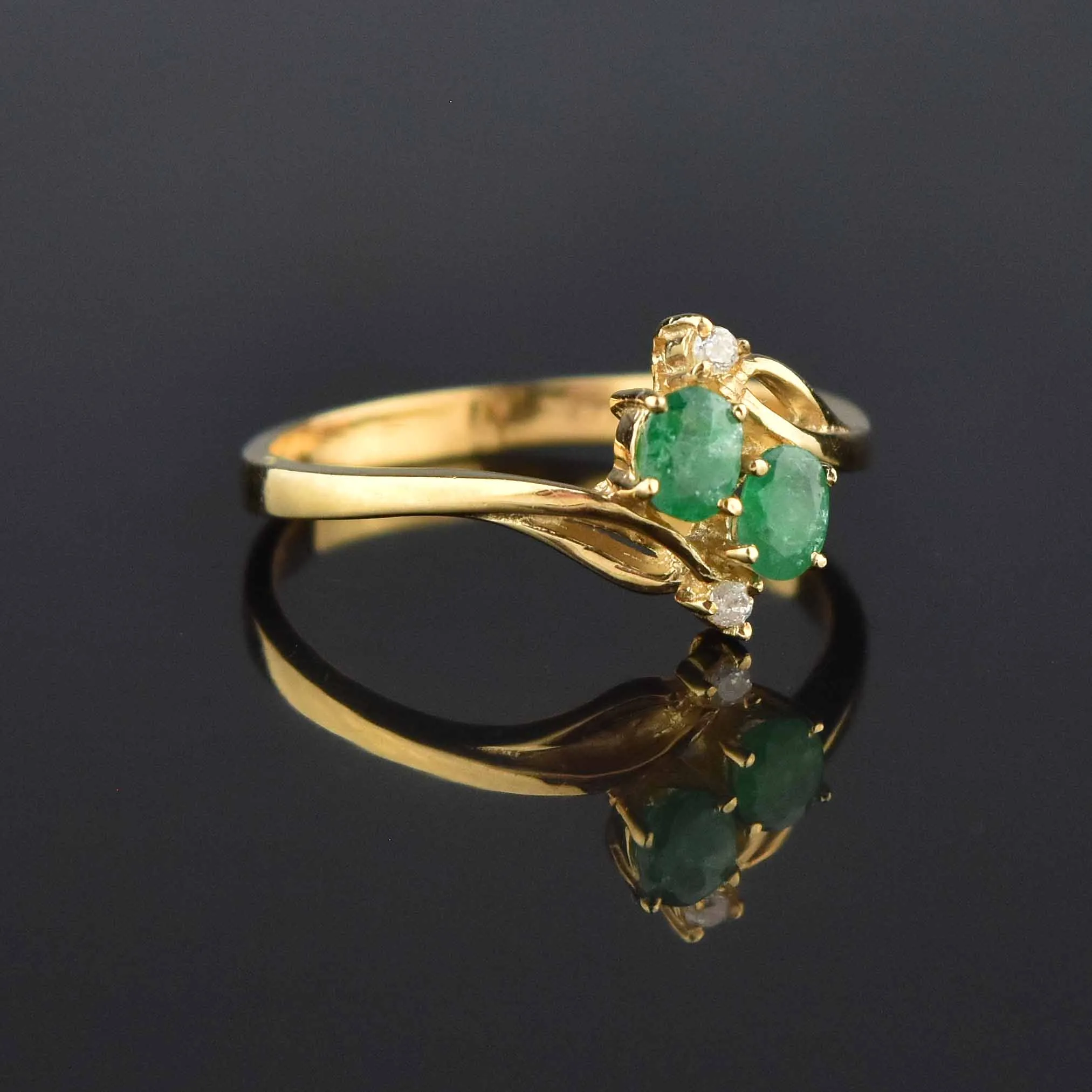 Vintage 14K Gold Emerald Diamond Bypass Ring, Sz 6.25