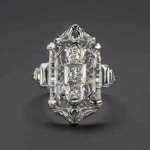 VINTAGE DIAMOND COCKTAIL RING ART DECO GEOMETRIC 14k WHITE GOLD FILIGREE ESTATE