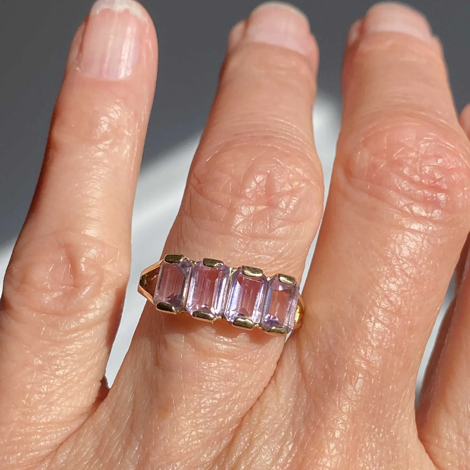 Vintage Four Stone Emerald Cut Pale Amethyst Ring in Gold