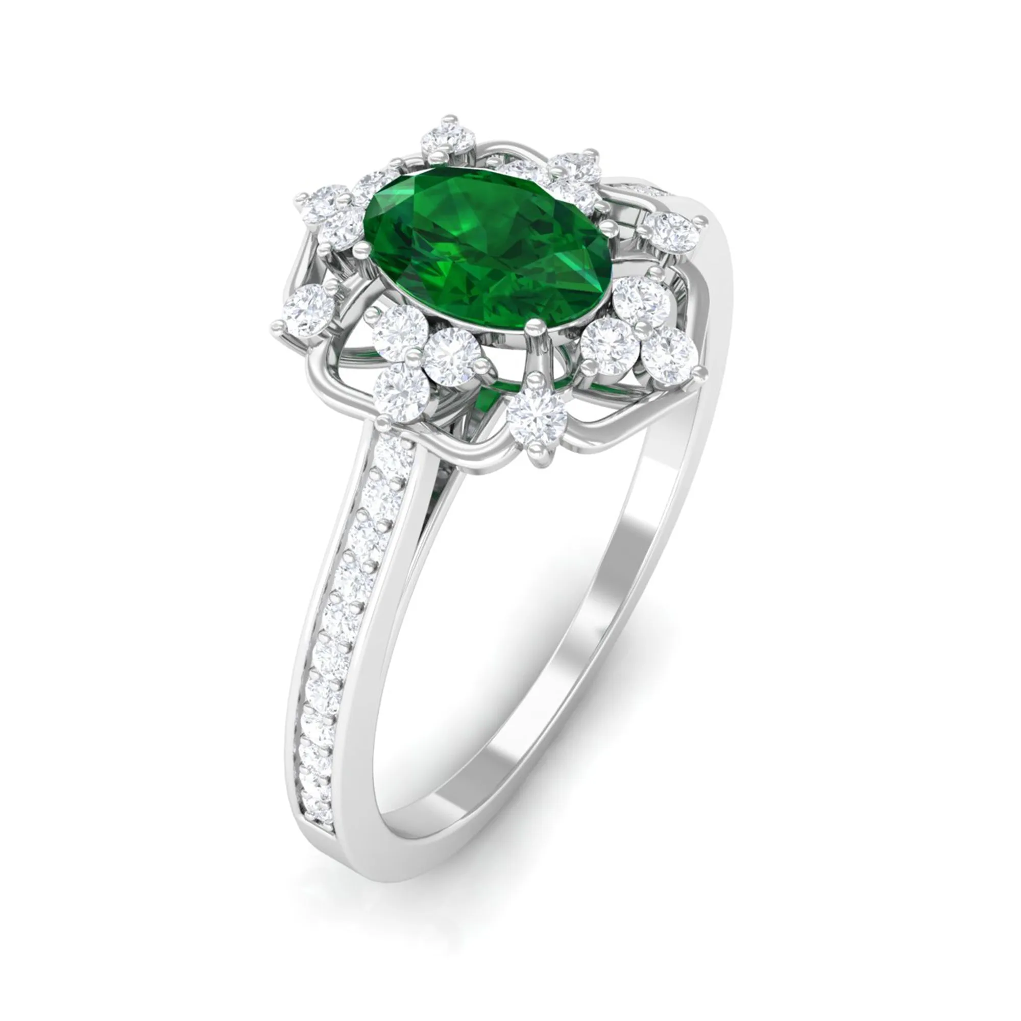 Vintage Style Created Emerald and Diamond Flower Engagement Ring