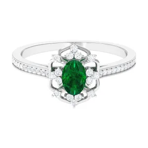 Vintage Style Created Emerald and Diamond Flower Engagement Ring