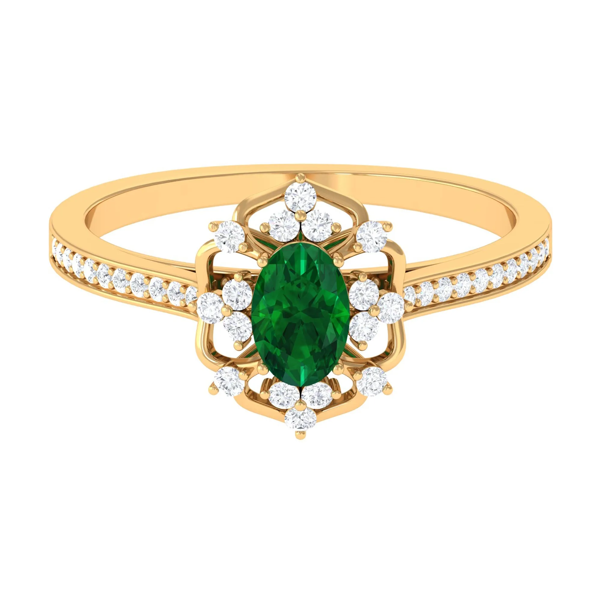 Vintage Style Created Emerald and Diamond Flower Engagement Ring