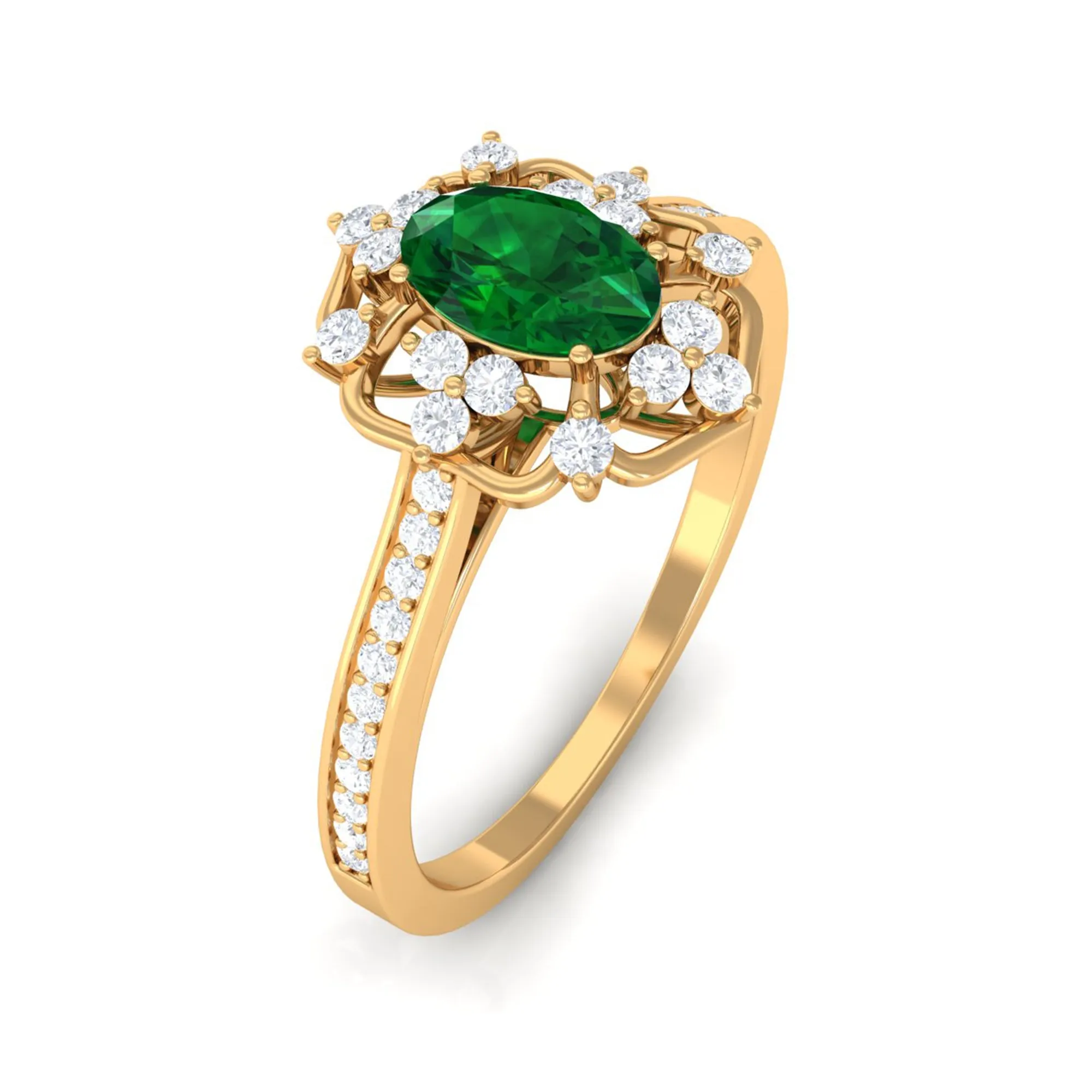 Vintage Style Created Emerald and Diamond Flower Engagement Ring