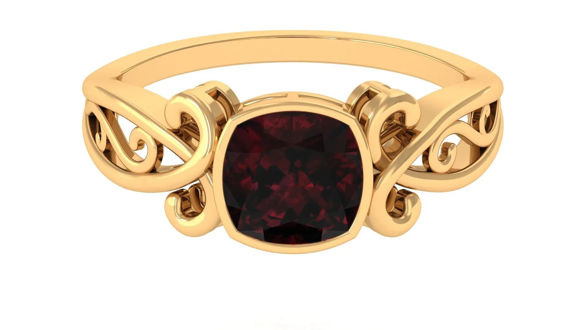 Vintage Style Cushion Garnet Solitaire Ring in Bezel Setting