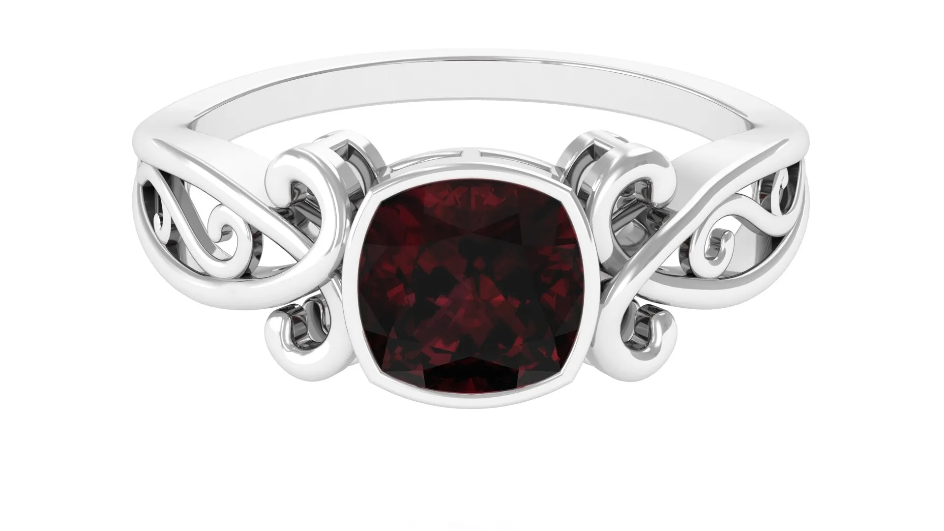 Vintage Style Cushion Garnet Solitaire Ring in Bezel Setting