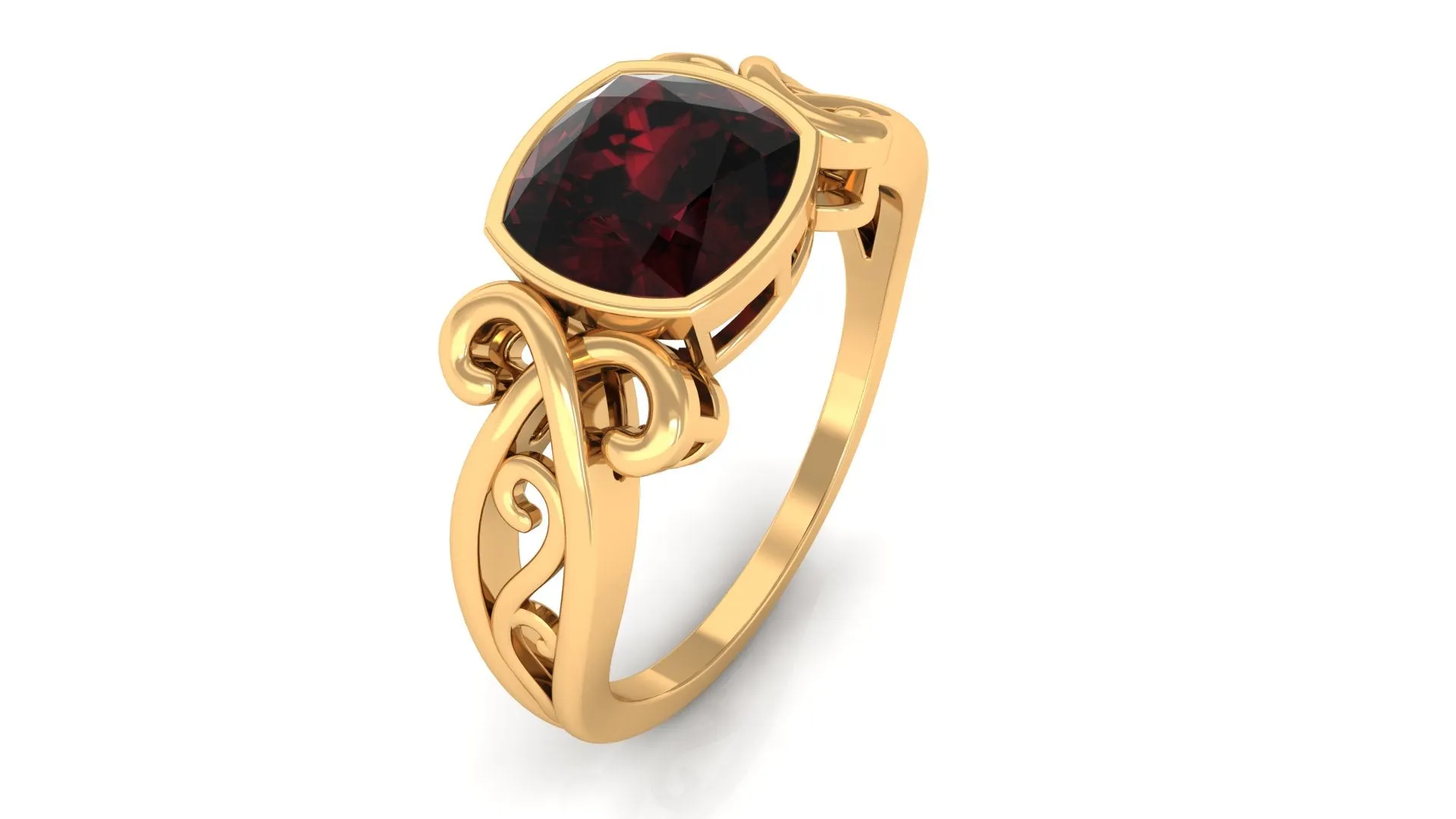 Vintage Style Cushion Garnet Solitaire Ring in Bezel Setting