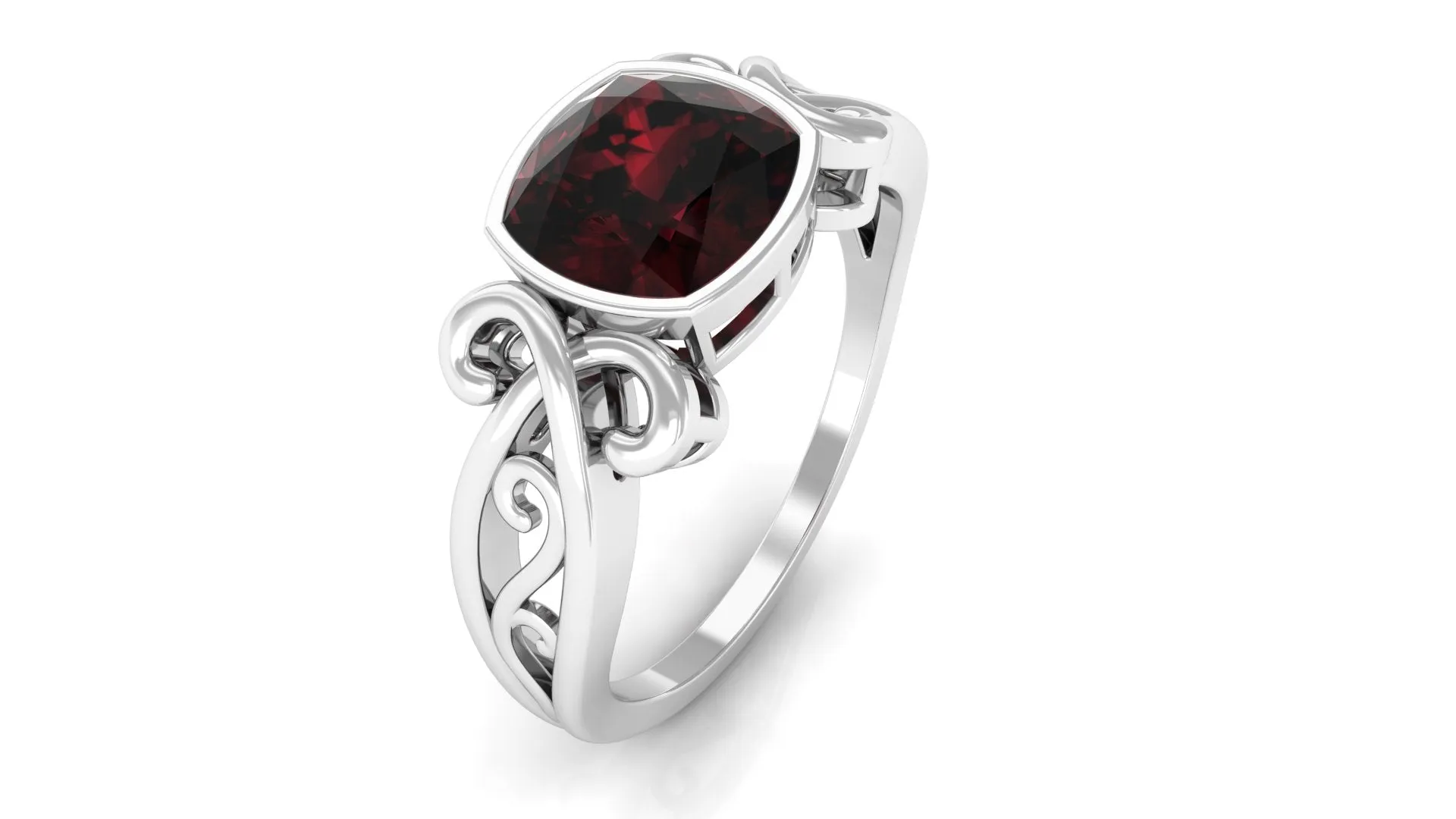 Vintage Style Cushion Garnet Solitaire Ring in Bezel Setting