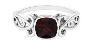 Vintage Style Cushion Garnet Solitaire Ring in Bezel Setting