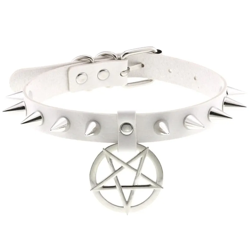 Women Pentagram Black Star Leather Choker Punk PU Leather Supernatur Spike Rivet Collar Studded