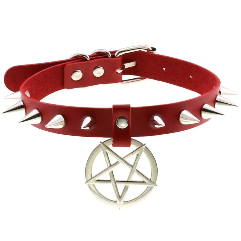 Women Pentagram Black Star Leather Choker Punk PU Leather Supernatur Spike Rivet Collar Studded