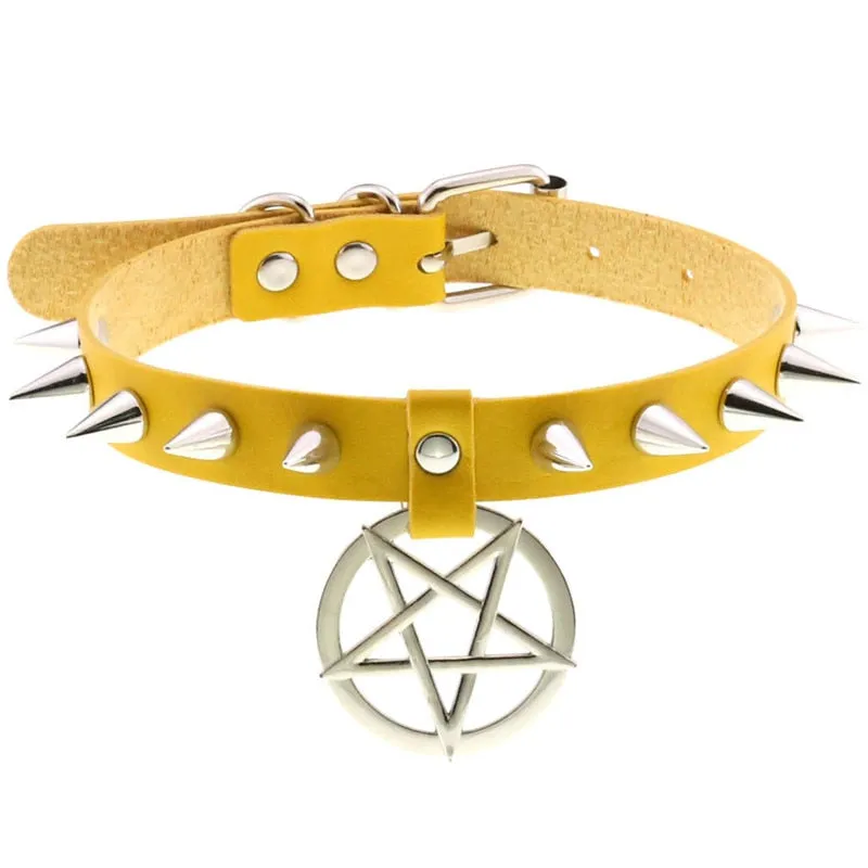 Women Pentagram Black Star Leather Choker Punk PU Leather Supernatur Spike Rivet Collar Studded