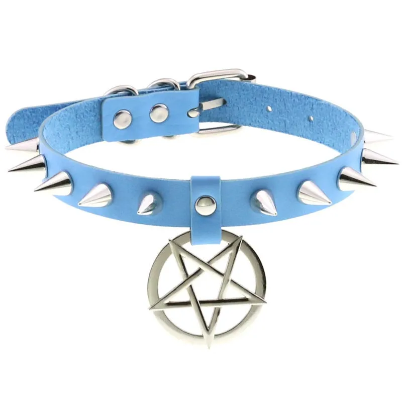 Women Pentagram Black Star Leather Choker Punk PU Leather Supernatur Spike Rivet Collar Studded