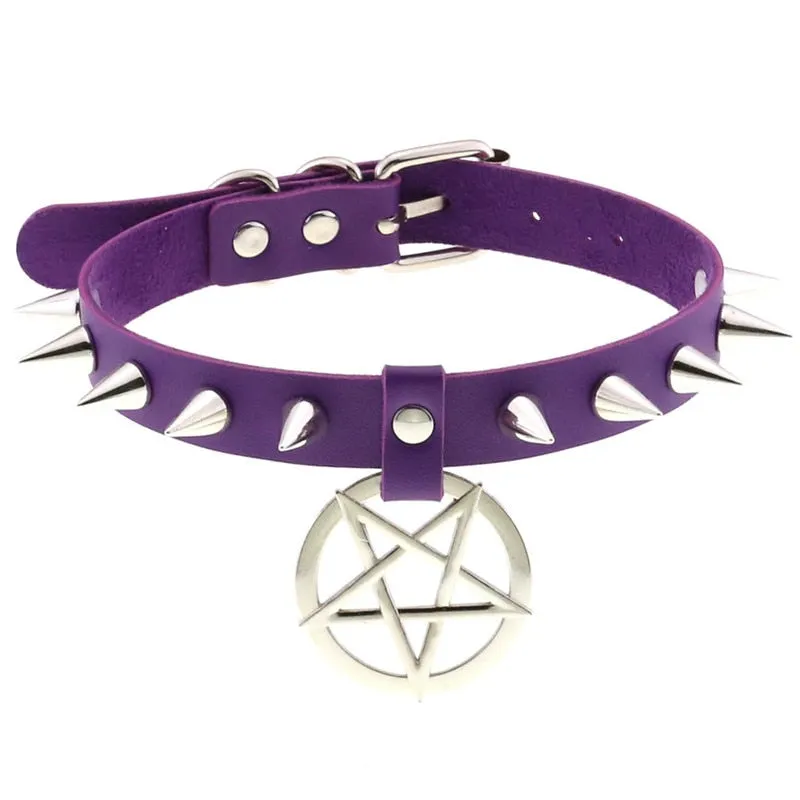 Women Pentagram Black Star Leather Choker Punk PU Leather Supernatur Spike Rivet Collar Studded