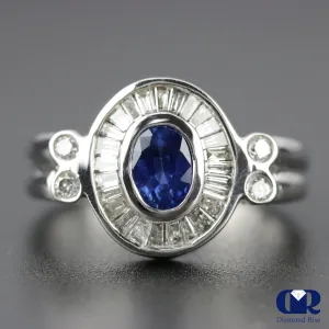 Women's Natural Oval Sapphire & Diamond Cocktail Ring Right Hand Ring In 14K White Gold